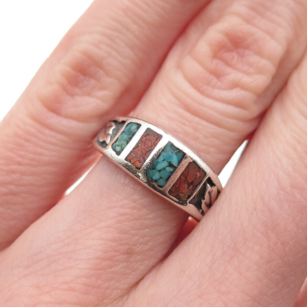 Old Pawn 925 Sterling Silver Vintage Turquoise Coral Inlay Floral Ring Size 5.5
